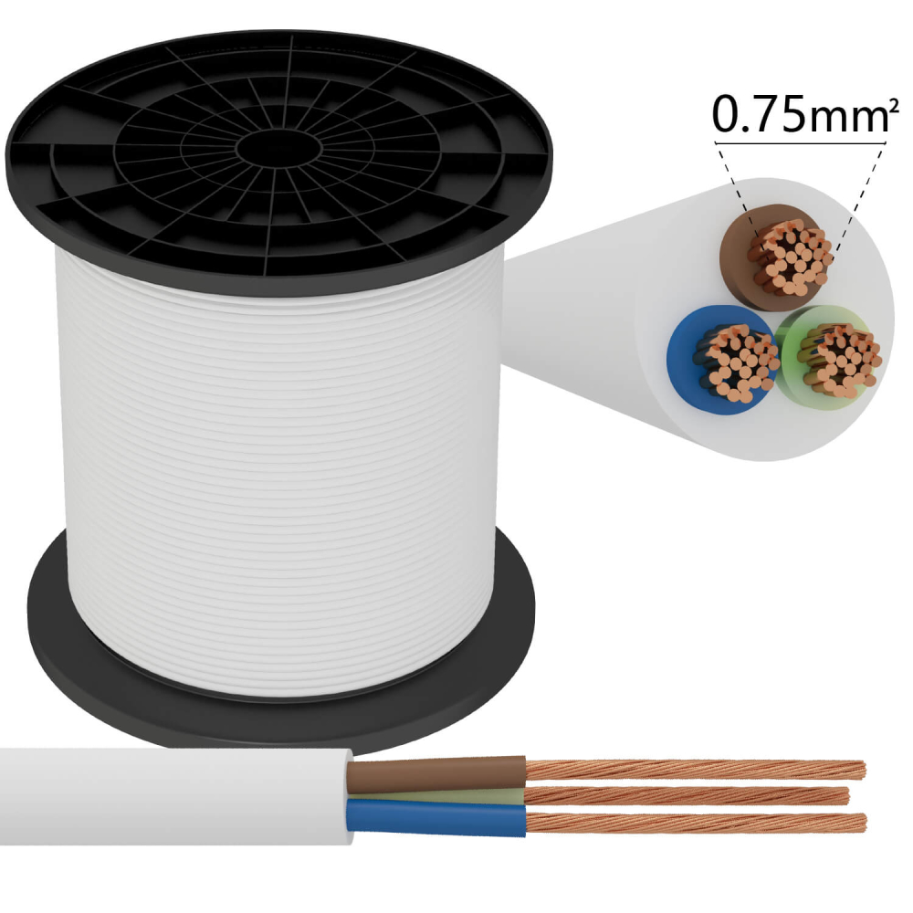 Stromkabel 3x0,75mm² weißNetzkabel AC Power Cord Schlauchleitung Meterware 